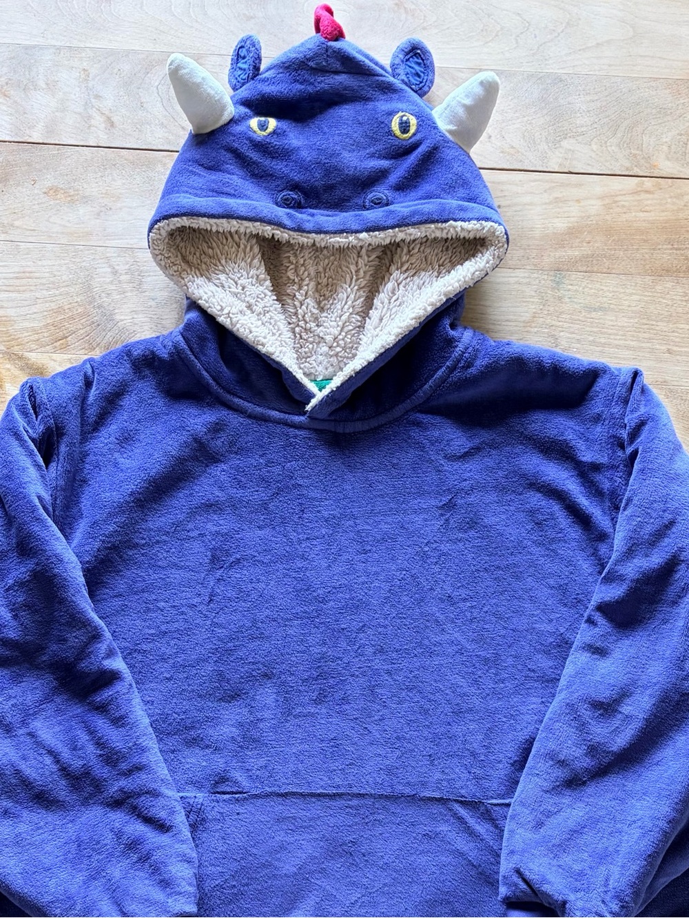 Mini Boden Navy Blue Dragon Monster Hoodie poncho blanket Shaggy Sherpa Lining